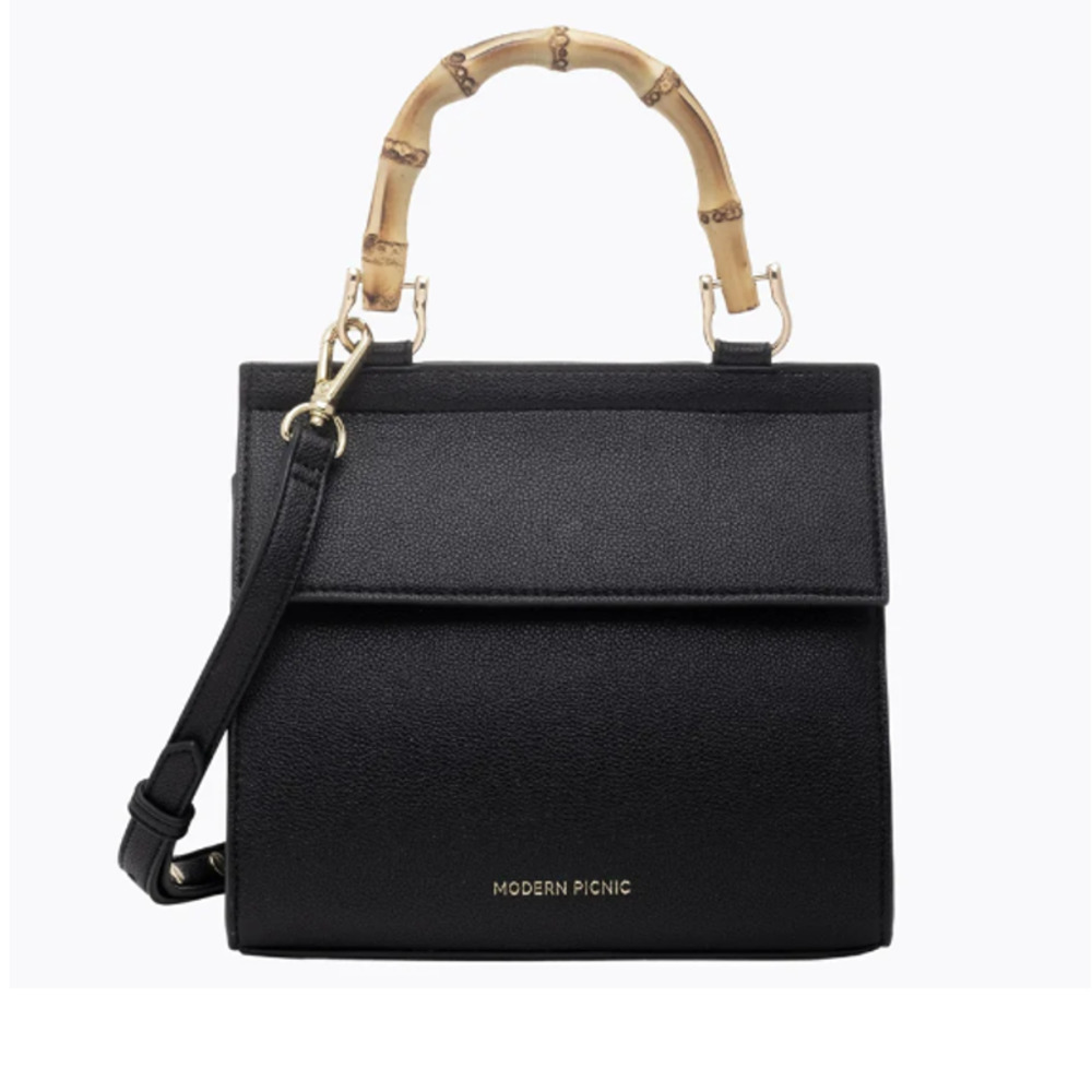 Modern Picnic Black Crossbody Bag with Bamboo Top Handle NO STRAP OR DUST BAG